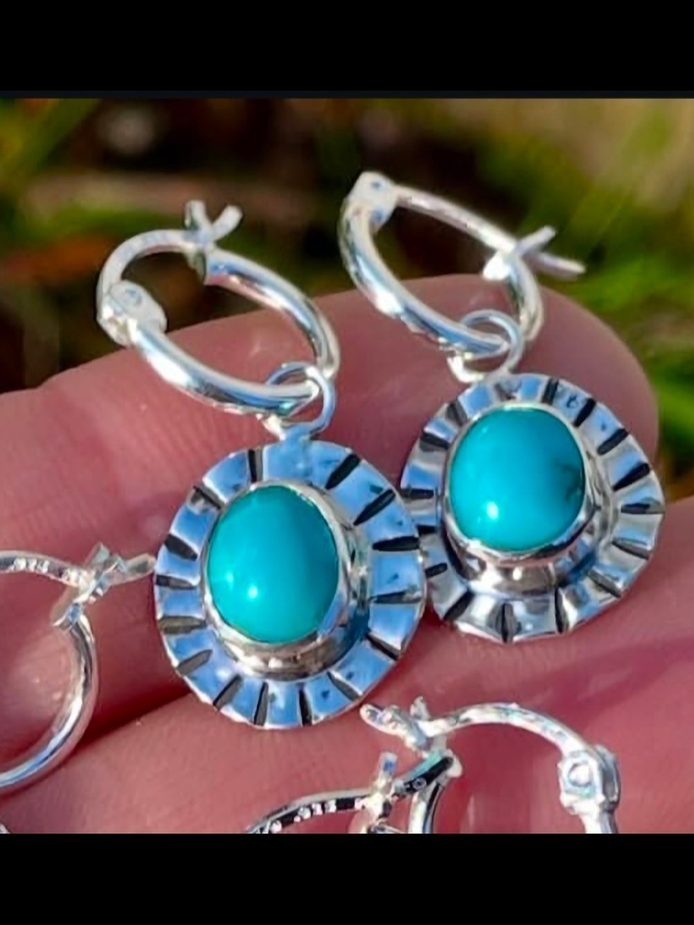 Kingman Turquoise Stone Hoop Drop Earrings Sterling Silver